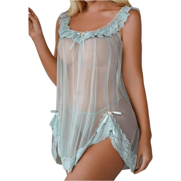 Women's 2 Piece Mesh Sheer Floral Lace Slip Dress Light Green - Picture 4 of 4